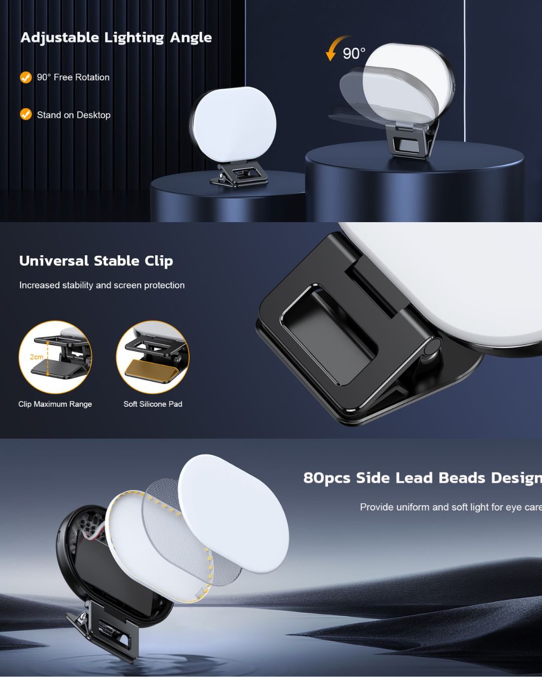 Best LED Selfie Light with Clip - 3 Modes, 10 Brightness Levels, Rechargeable for iPhone, Android, TikTok, Video - mylensball