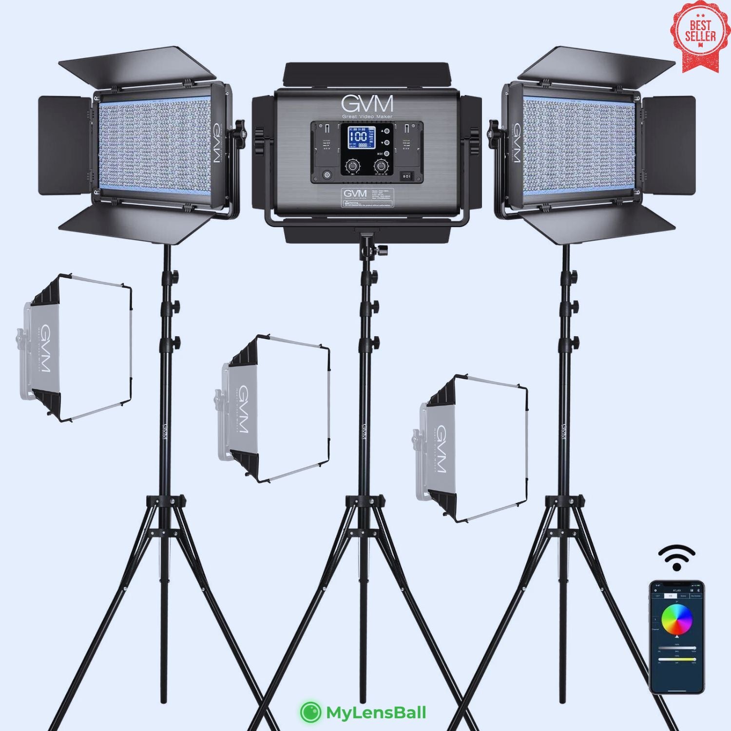 GVM 1500D-RGB LED Studio Video Light Kit - mylensball.com.au- Triple Softbox Lighting Kit